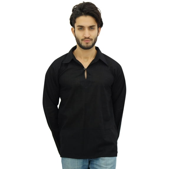 Atasi Indian Ethnic Men's Short Kurta Full Sleeve Collar Cotton Black Shirt-XX-Large