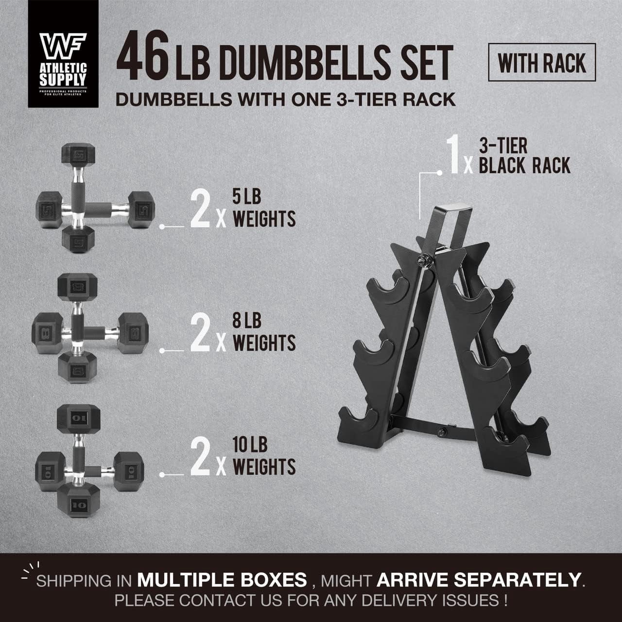 WF Athletic Supply Rubber Encased Hex Dumbbells with Rubber Grip Contoured Handle for Muscle Toning, Strength Building & Full Body Workout