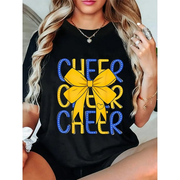 100% Cotton Cheer Mom Shirt Blue Yellow Football Cheer Coquette Bow T-Shirt