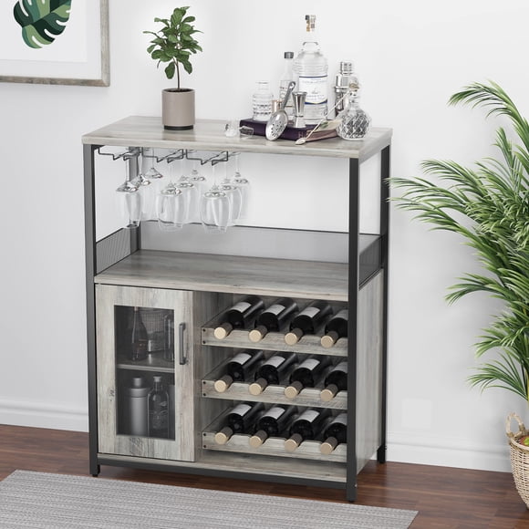 QinaQin Gabinete bar para vinos y licores con gran capacidad, repisas ajustables y espacio para copas, mueble de MDF ideal para comedor, cocina o área de bar en casa
