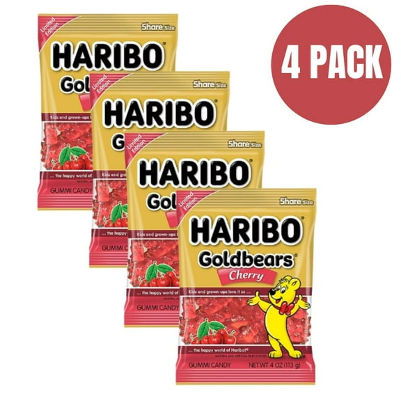Haribo Goldbears Cherry Gummy Candy, 4 oz Bags (Pack of 4) – Juicy Cherry Flavor, Soft & Chewy Gummy Treats for Everyone