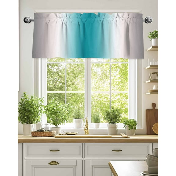Curtain Valance for Windows,Teal Grey Gradient Kitchen Valances Rod Pocket Short Curtains,Turquoise Ombre Window Treatment Panel for Bedroom Bathroom 54"x18"