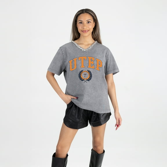 Women's Gameday Couture Gray UTEP Miners Iconic Edge Rhinestone V-Neck T-Shirt