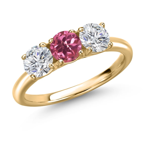 Gem Stone King 10K Yellow Gold Pink Tourmaline and Lab Grown Diamond Engagement Ring for Women | 1.52 Cttw | Round 5MM | Gemstone October Birthstone | Size 7