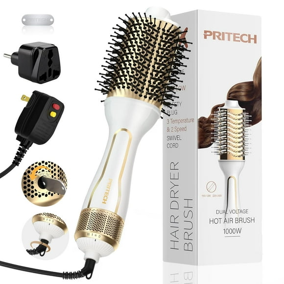 PRITECH 1000W Dual Voltage Ceramic Ionic Hair Dryer Brush,4-in-1 Hot Air Styler & One Step Volumizer for Straight & Curly Hair Salon (110-120V/220-240V),Platinum