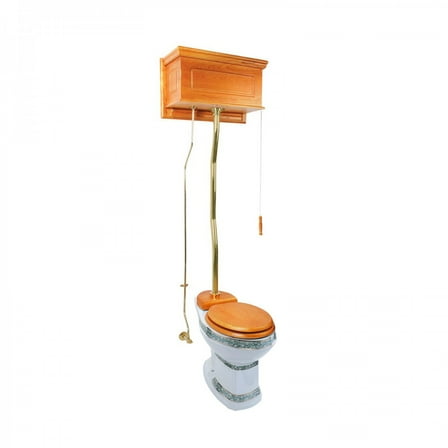 Renovators Supply High Tank Pull Chain Toilet w/Light Oak Wooden Raised Front Panel High Tank 59" to 74" Adjustable Height Brass Z Pipe and Elongated Toilet Bowl