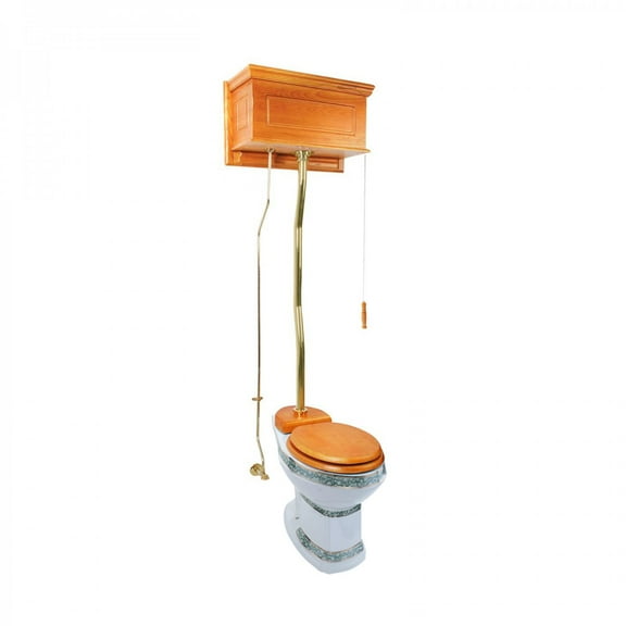 Renovators Supply High Tank Pull Chain Toilet w/Light Oak Wooden Raised Front Panel High Tank 59" to 74" Adjustable Height Brass Z Pipe and Elongated Toilet Bowl