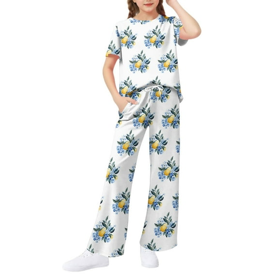 Abcomgle Girls Summer Outfits 14-16 Floral Print Short Sleeve Tshirts and Wide Leg Pants Set Cute Casual Girls Activewear Sets,4-5 Years