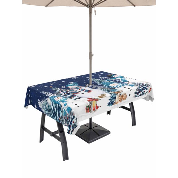 Outdoor Tablecloth with Umbrella Hole and Zipper, Navy Blue Christmas Rectangle Table Cloth 54x80 Inch Waterproof Tablecloth, Snowman Xmas Tree Snowflake Winter Picnic Table Cover for Patio Camping