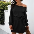 thumbnail image 2 of Vestido tipo sudadera con hombros descubiertos, jersey de manga larga para mujer, vestido con cuello barco y hombros descubiertos, vestido tipo suéter corto con lazo en la cintura, artesanía superior, 2 of 6