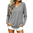 thumbnail image 5 of Long Sleeve V-Neck T-Shirt for Women Oversized Loose Fit Solid Color Basic Pullover Casual Everyday Fall Winter Top, 5 of 8