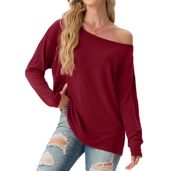 JWD Womens Off Shoulder Tops Long Sleeve Casual Loose Fit Pullover Shirts Relaxed Fit Blouse Wine Red L