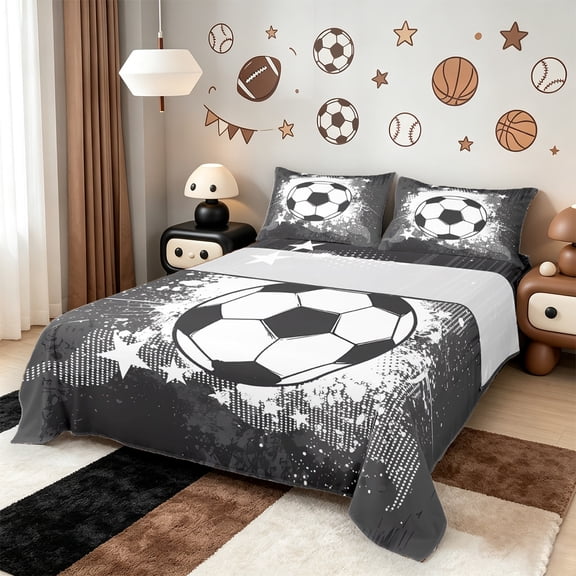 jejeloiu Football Sports Twin Sheet Sets,White Splatter Ink Twin Fitted Sheet,Boys Socer Game Flat Sheet,Lightweight Room Decor,3 Pieces