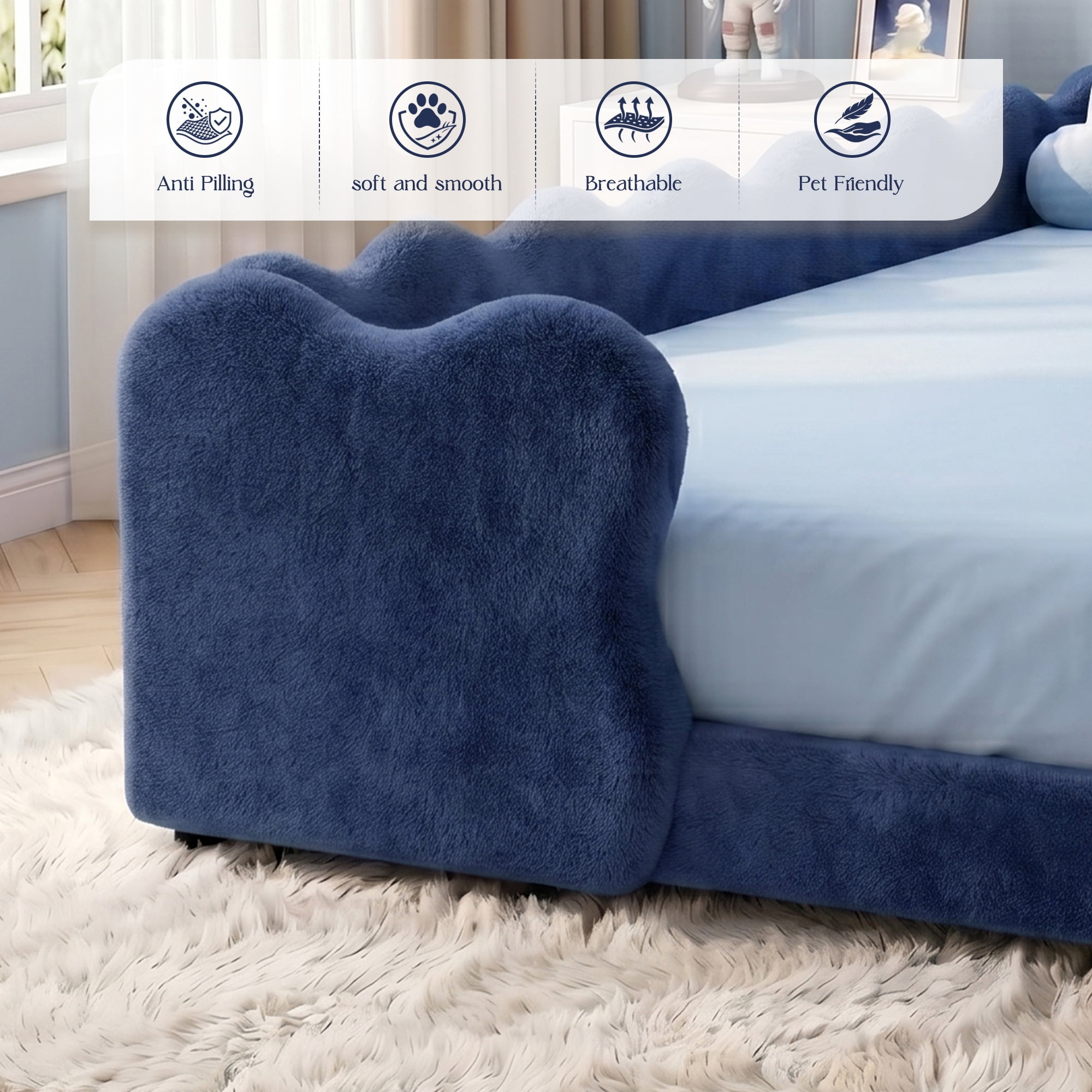Avobird Twin Size Cute Dinosaur-Shaped Kids Bed with Safety Guardraild, Solid Wood Toddler Bed Frame for Children for Bedroom, Boucle Fabric, Navy Blue