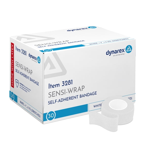 Dynarex Sensi-Wrap Self-Adhesive Bandages, 30-Pack, 1" x 5 yards, White, Latex, Colored Elastic Cohesive Athletic Tape, Tattoo Grip & Vet Wrap