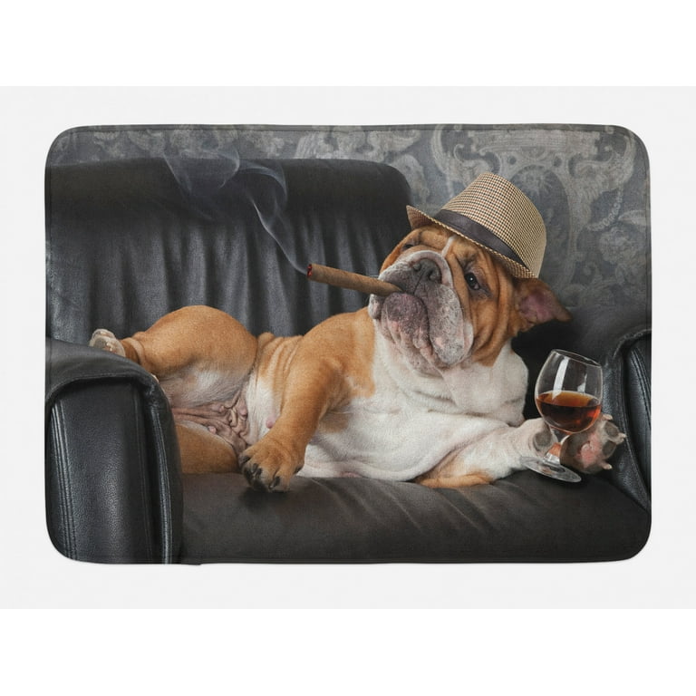 Bulldog Bath Mat, Humorous Photo of a Gentleman Dog Resting in a Chair with  Glass of Drink and Cigar, Non-Slip Plush Mat Bathroom Kitchen Laundry Room  Decor, 29.5 X 17.5 Inches, Multicolor