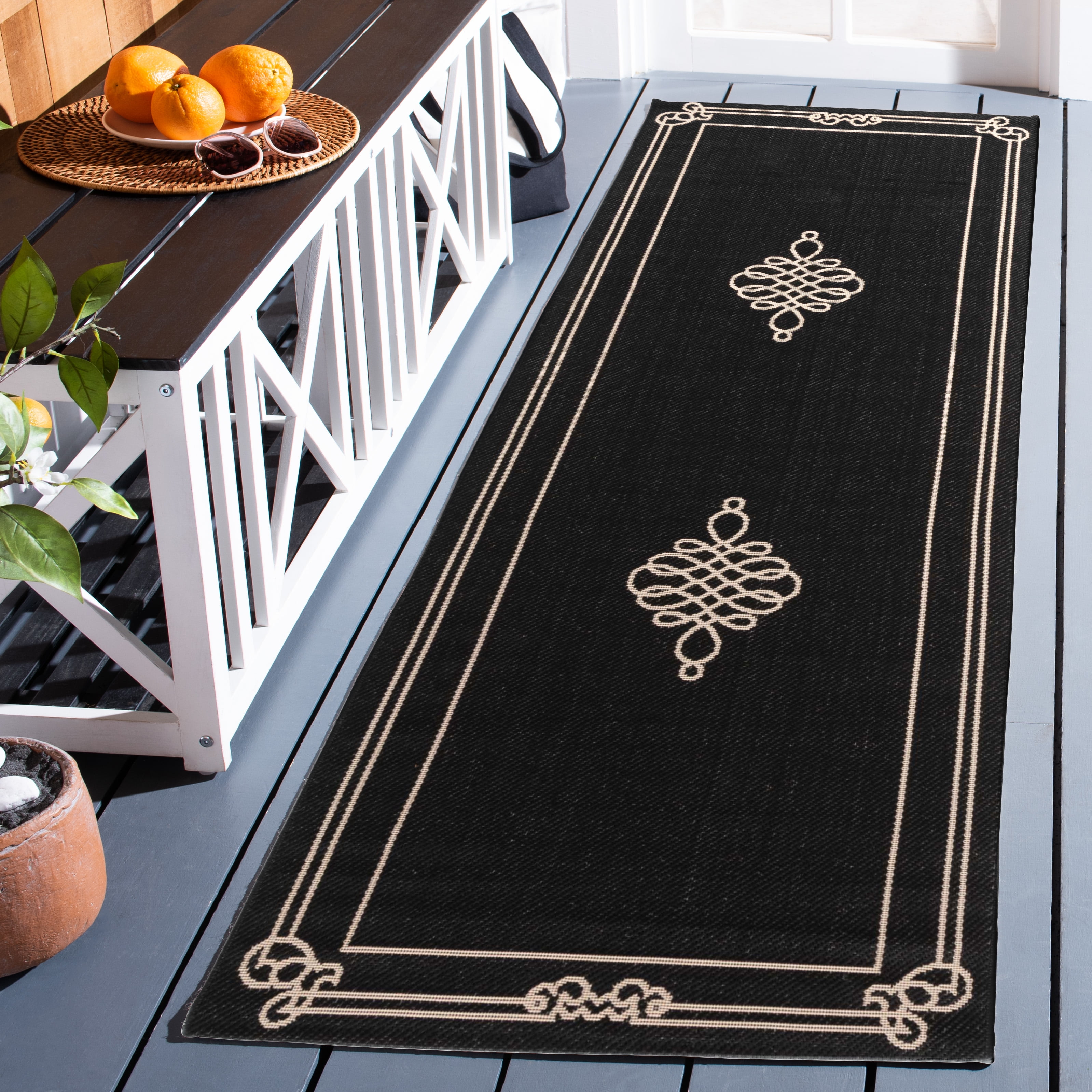 Safavieh Courtyard Andy Medallion Indoor/Outdoor Runner Rug, Black/Creme, 2'3" x 12'