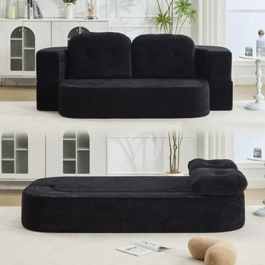 MDAQMD 65.3" Convertible Folding Sofa Bed Queen Sleeper Sofa with 2 Pillows Floor Couch Foam Folding Mattress Sleeper for Living Room Apartment Black