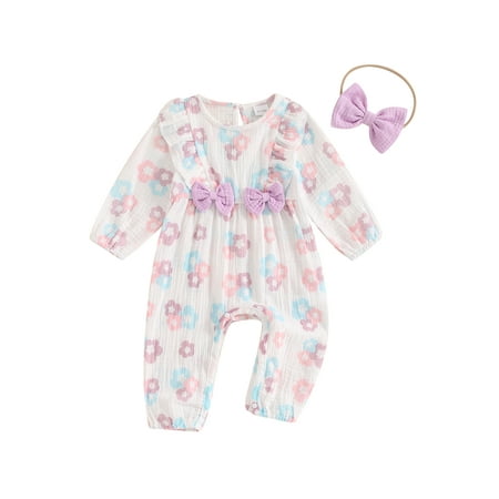 

FSDJHSDH Baby Girls Rompers Flower Print Bowknot Ruffles Long Sleeve Bodysuits