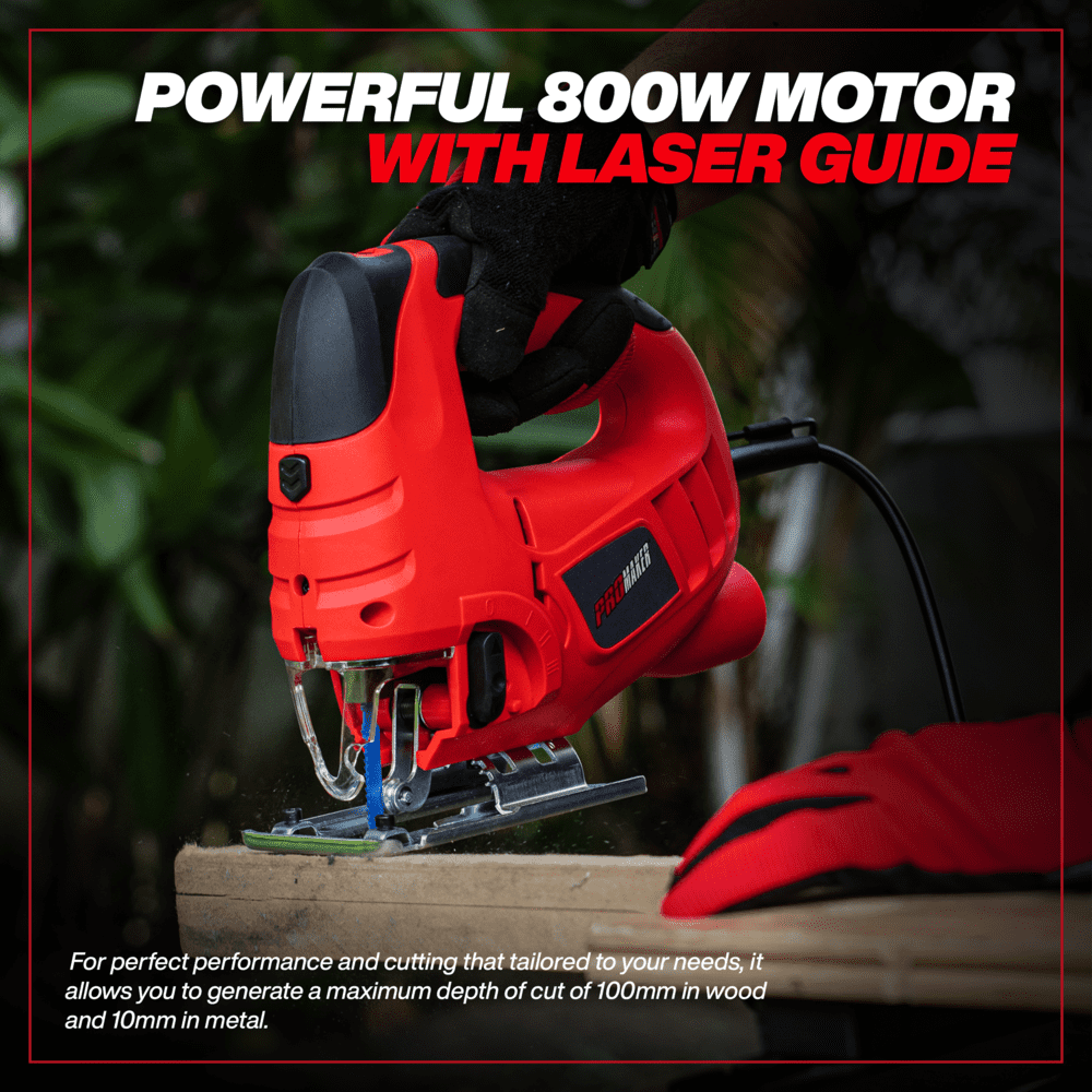 Jigsaw with 6 variable speed, 7 Amp 800W, Laser guide, Adjustable blade bevel cutting 0-45º degree, Corded Jig saw, Cutting depth: 100m for wood and 10mm for metal. 800-3000SPM, Promaker PRO-SC800