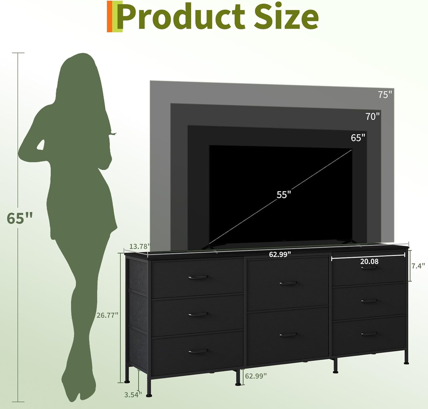 63 Inch TV Stand Dresser for Bedroom, 8 Fabric Drawers, for 65 70 75 Inch TV, Entertainment Center with Storage Media TV Console Table