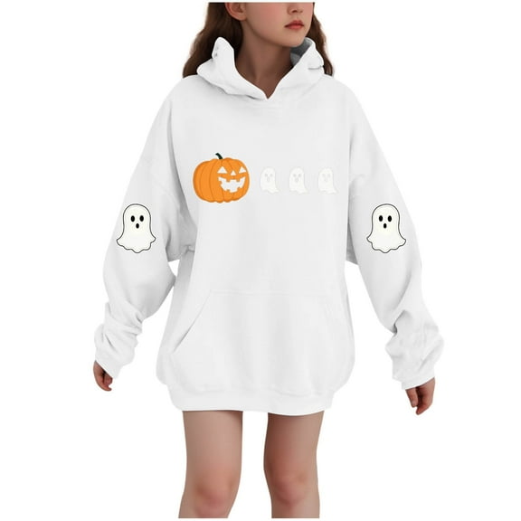 SERTG Children Halloween Printed Hooded Tops Long Sleeved Sweatshirt with Pockets Fleece Top Hooded Sweatshirt for Girls 3-14 Years(White,5-6 Years)