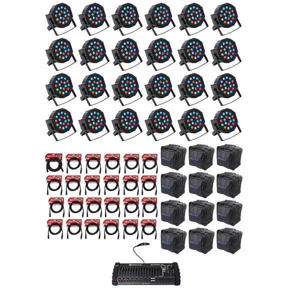 (24) Rockville RockPAR50 Par Can Wash Lights 384 Ch DMX Controller Cables Bags