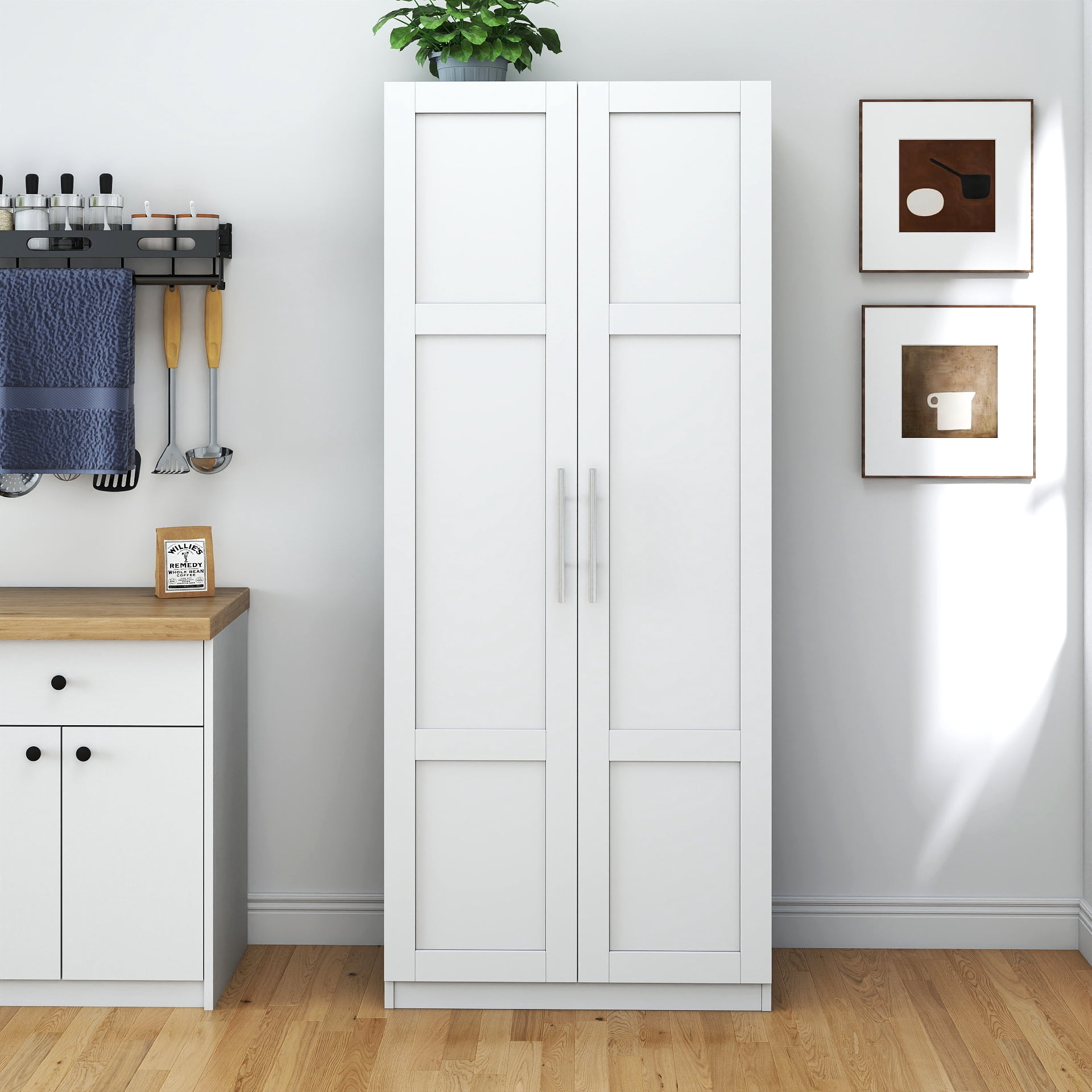 New 71 inch Pantry Cabinet, Kitchen Pantry Storage Cabinets with 2 Door and 3 Shelves, White Pantry Storage Cabinet, Cupboard for Kitchen, Dining Room and Living Room.