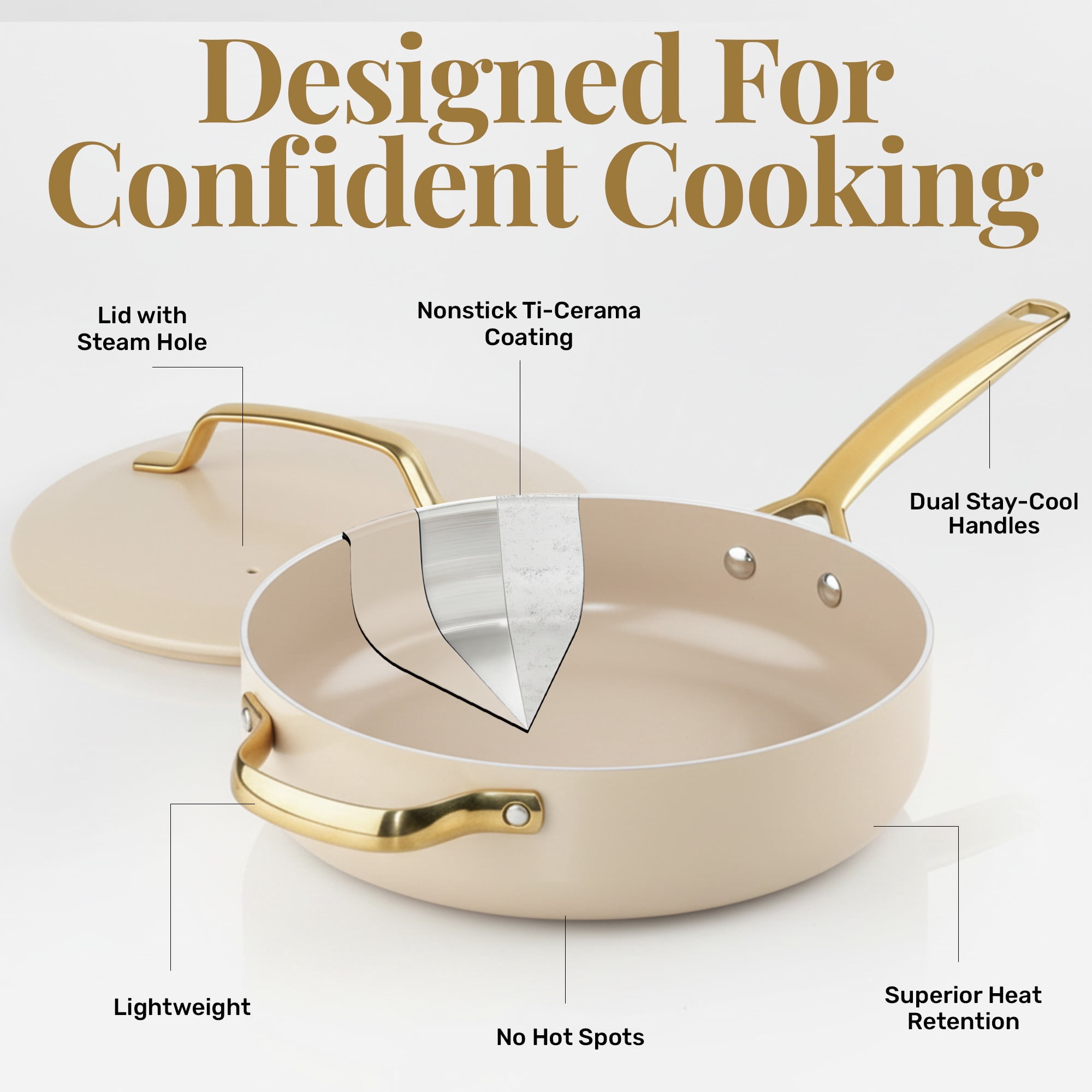 Gotham Steel Modern 12 Inch Ceramic Frying Pan Non Stick with Lid, 4 Quart Large Jumbo Cooker with Helper Handle, Saute Pan Nonstick Skillet, Nonstick Deep Frying Pan with Lid, Cream