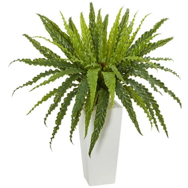 Nearly Natural Rippled Birdsnest Artificial Plant on White Tower Planter