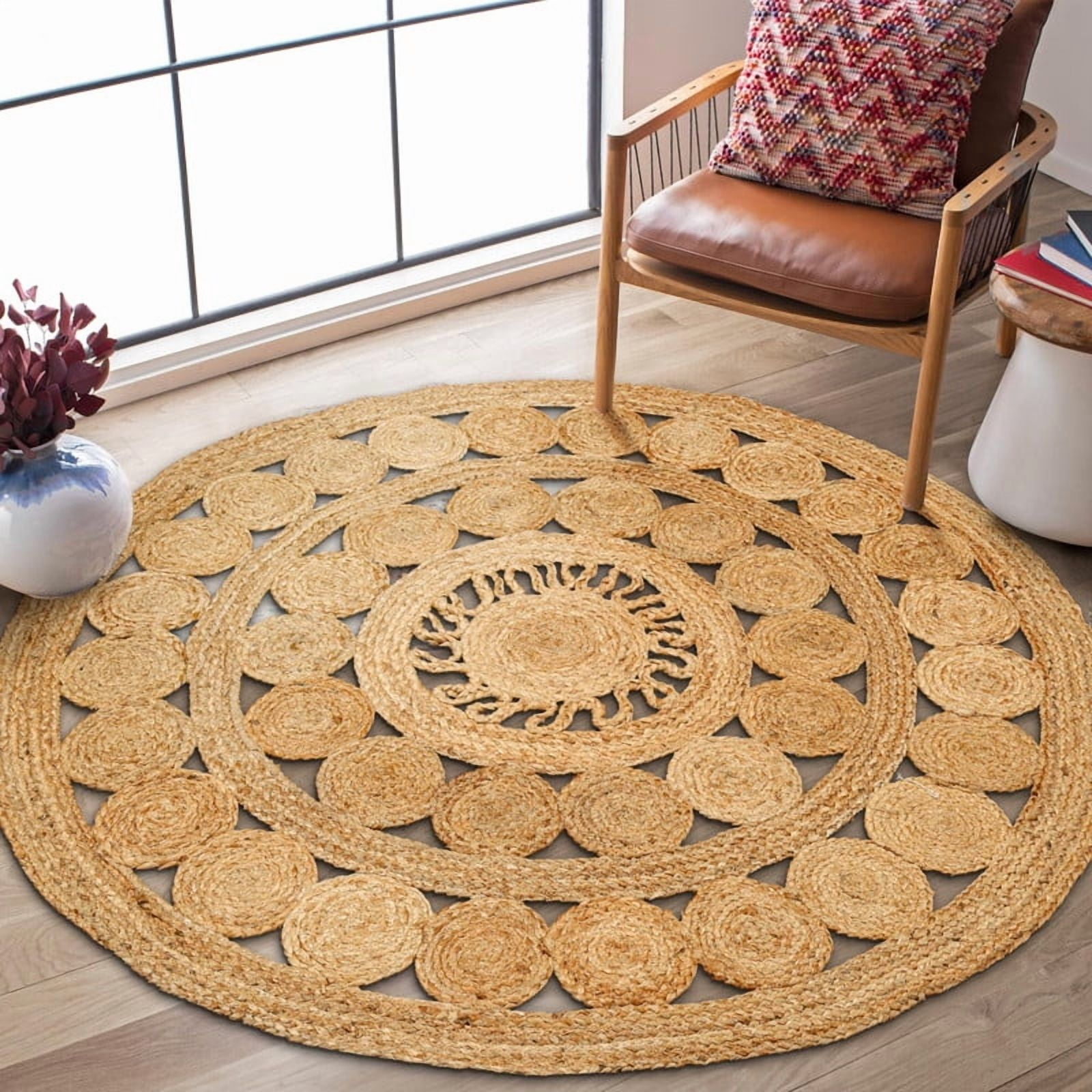 Boho Farmhouse Jute Circle Rug, Reversible Rustic Coastal Area Mat Natural Jute 7A, 2 FT