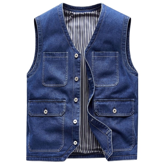 RKSTN Jean Vest for Men Sleeveless Mens Denim Jacket Solid Color V Neck Button up Vintage Casual Light Jackets for Men with Pockets (Light Blue ,L)