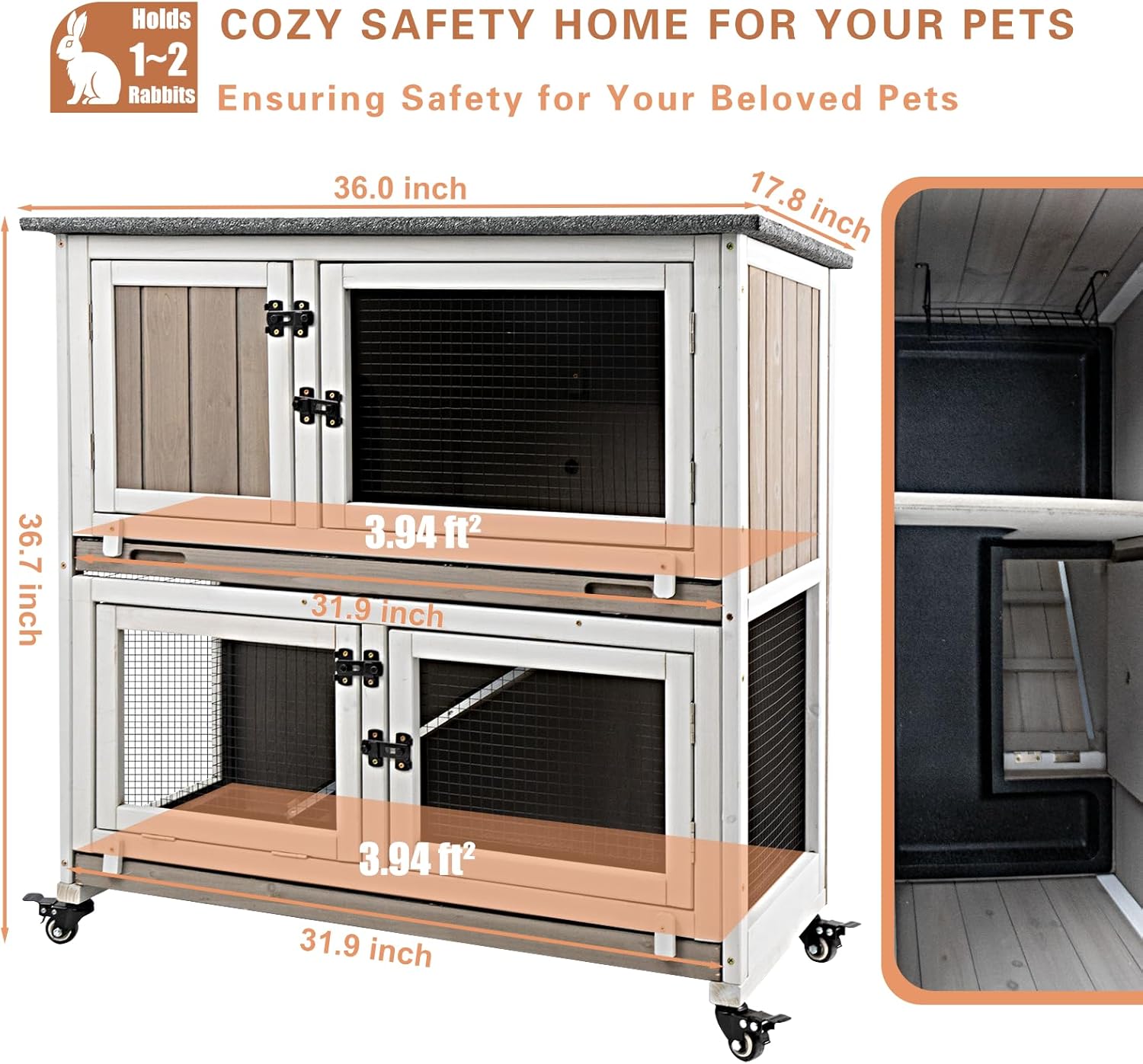 Petscosset 36-Inch Two-Story Wooden Rabbit Hutch photo 3