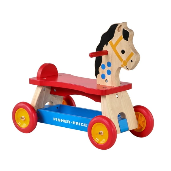 Fisher-Price Retro Wooden Pony by Dynacraft Wheels, Ride-On Toy Classic Design, Ages 1.5-3 Years, Under-Seat Storage, Beige and Blue, 1 Count