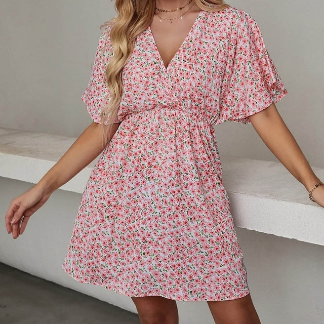Puntoco Vestido De Manga Corta Con Cuello En V, Falda Holgada Estampada Informal Para Mujer Rosa S