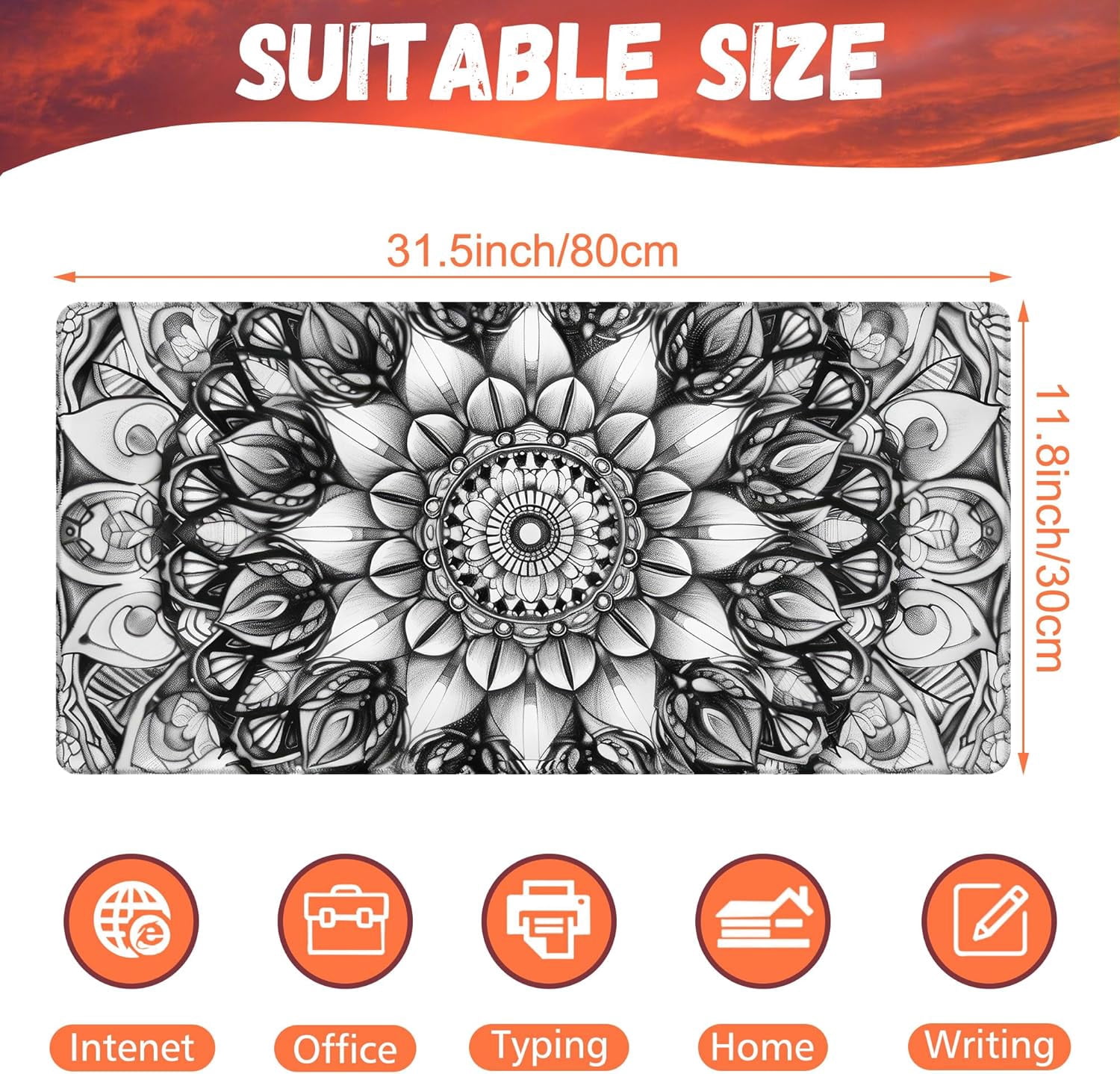 Large Gaming Mouse Pad for Desk, Black and White Mandala Desk Mat, Mandala Flower Desk Pad, 31.5"x11.8" Extended Big Computer Keyboard Mouse Pad with Non-Slip Base and Stitched Edge
