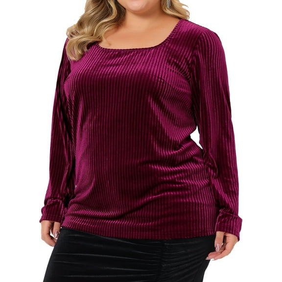 Agnes Orinda Women's Plus Size St. Patrick's Day Ribbed Velvet Textured Elegant Long Sleeve Blouse 2X Burgundy