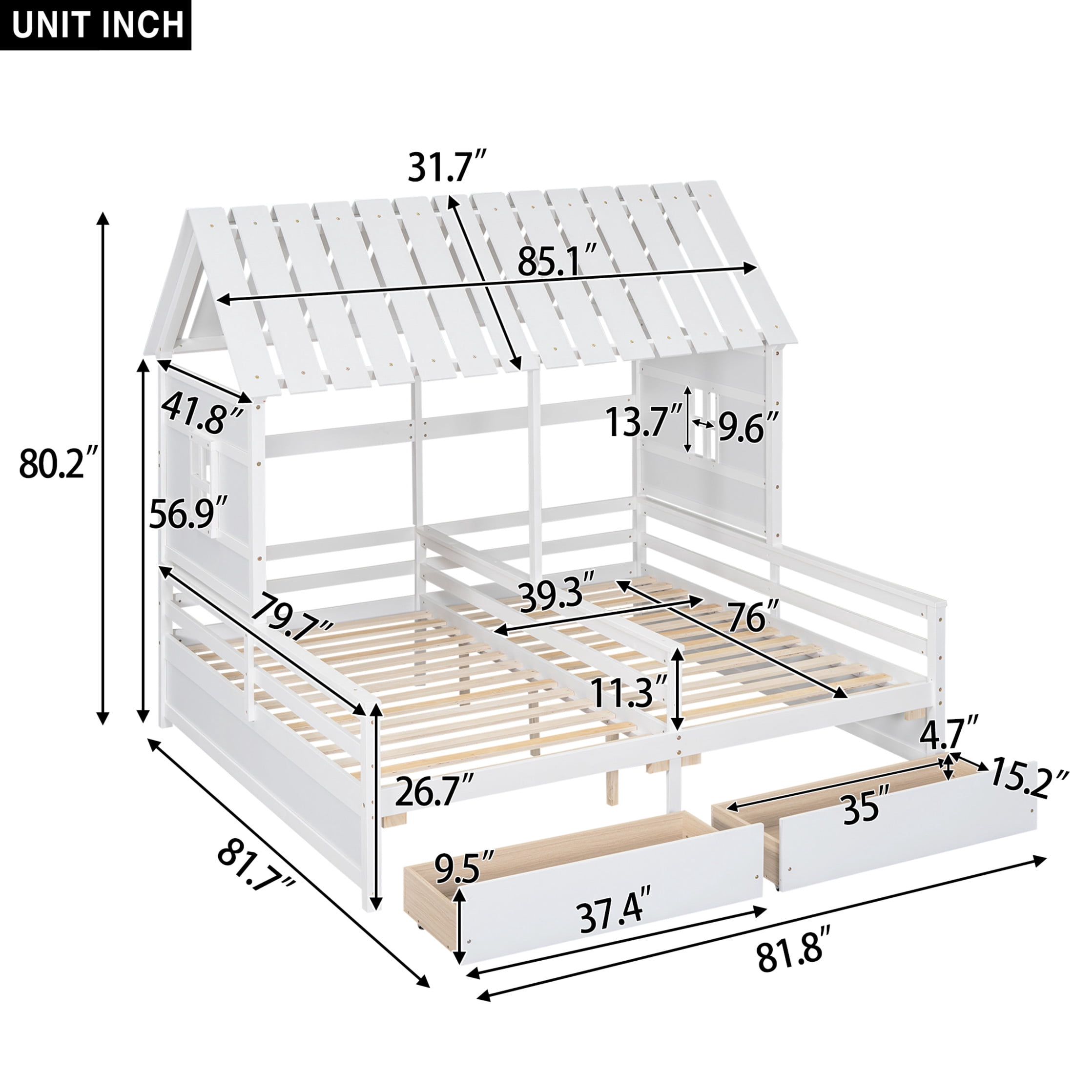 Noble House Junton Dual Twin Size House Platform Bed for Shared Rooms, 2 Side-by-Side Beds with Drawers, White