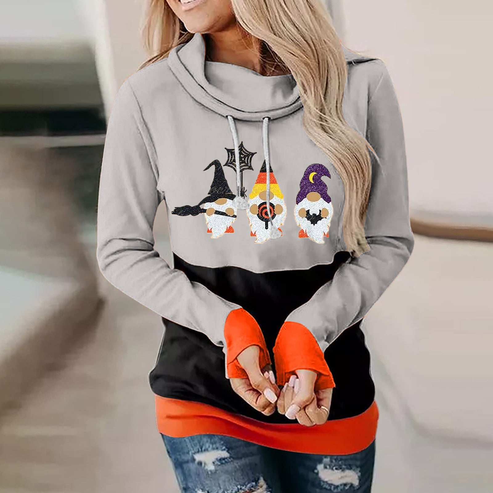 Juebong Halloween Women Turtleneck Color Block Drawstring Hooded Sweatshirt  Long Sleeve Cowl Neck Hoodie Lightweight Loose Fit Fall Color Patchwork  Cute Graphic Hoodies Pullover Tops - Walmart.com