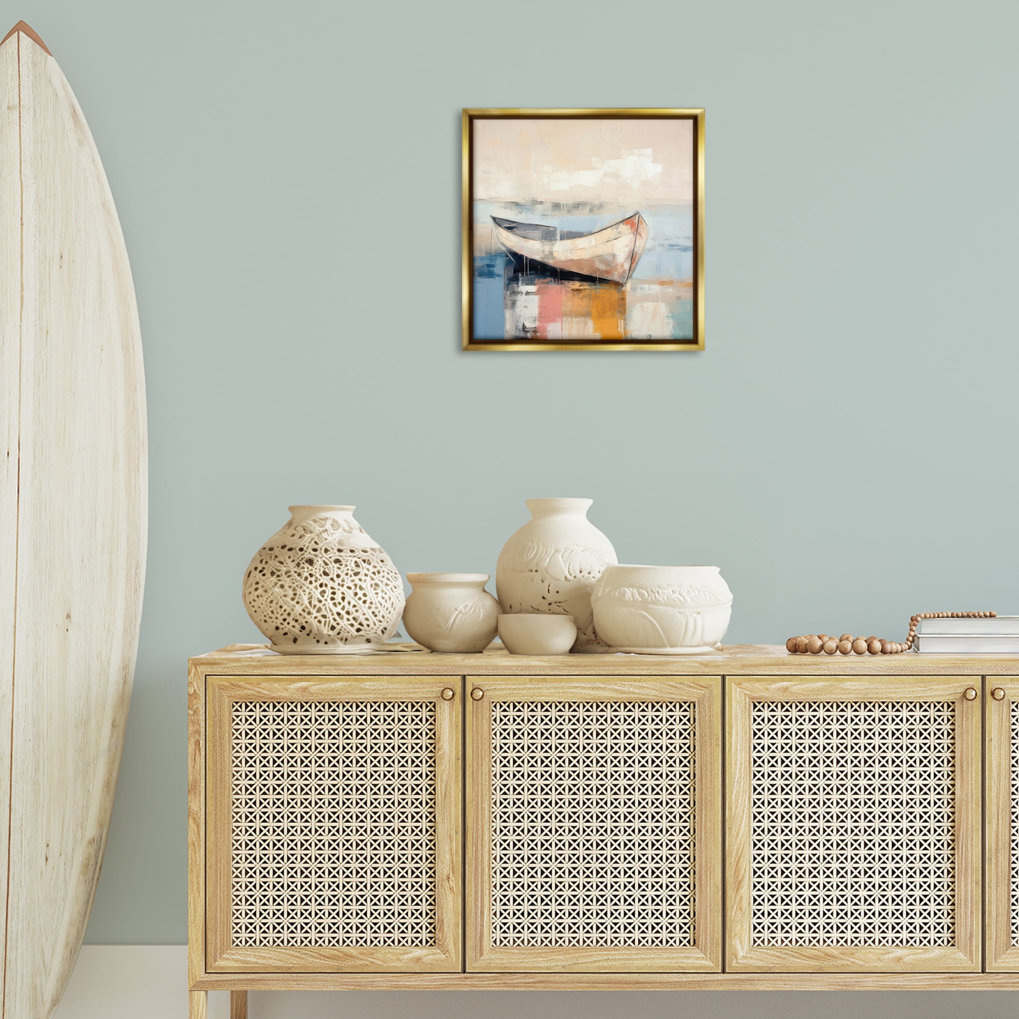 Stupell Industries Charming Coastal Boat Nautical & Beach Painting Gold Floater Framed Canvas Art Print Wall Art, 18 x 18