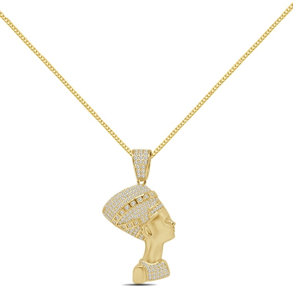 Real Genuine Italian Sterling Silver Simulated Diamond Egyptian Queen Nefertiti Pharaoh Charm Pendant   Free Chain Neckless Small 1.80''  Yellow Gold Finish