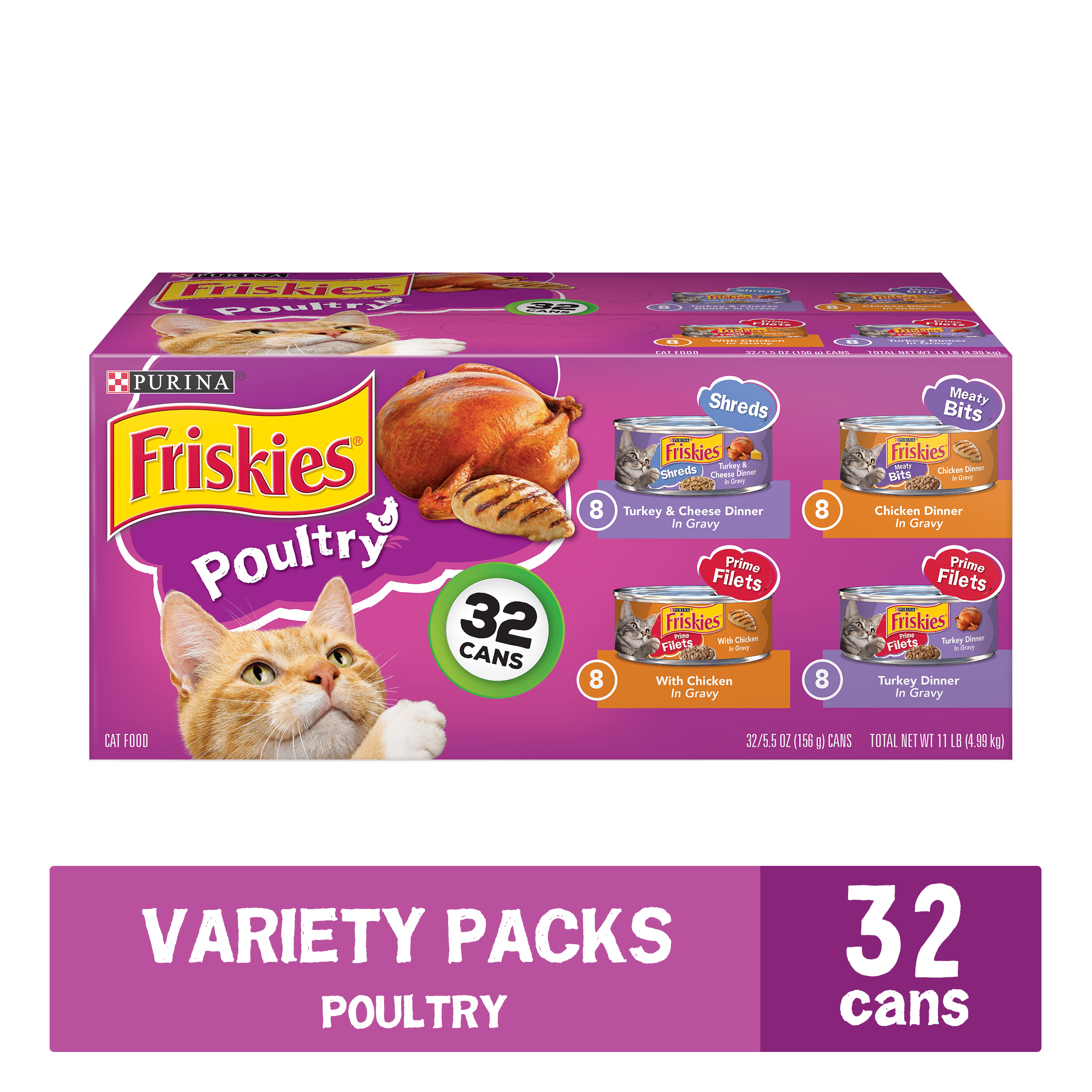 (32 Pack) Friskies Gravy Wet Cat Food Variety Pack, Poultry Shreds
