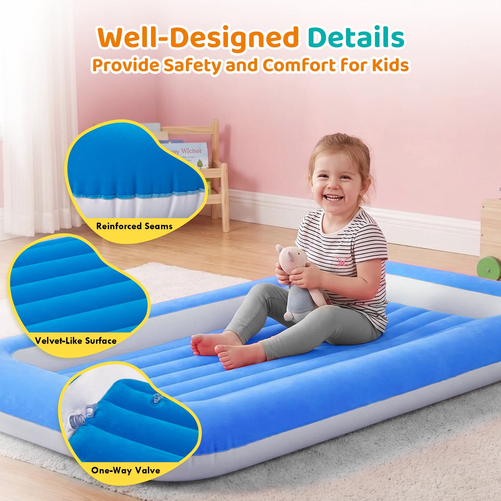 Honeydrill Travel Air Mattress Inflatable Air Bed Blow Up Mattress with Raised Sides, Blue