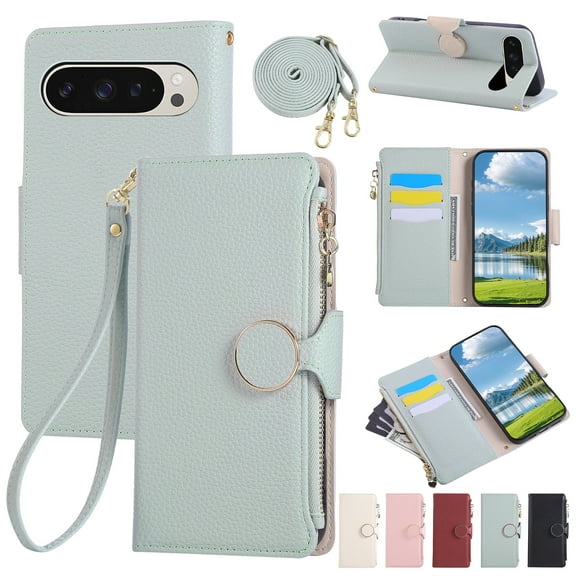 For Google Pixel 9A Wallet Case with Card Holder/Crossbody Strap/Zipper Pouch/Lanyard,[RFID Blocking][Magnetic Closure] Premium PU Leather Shockproof Cover For Google Pixel 9A,Cyan