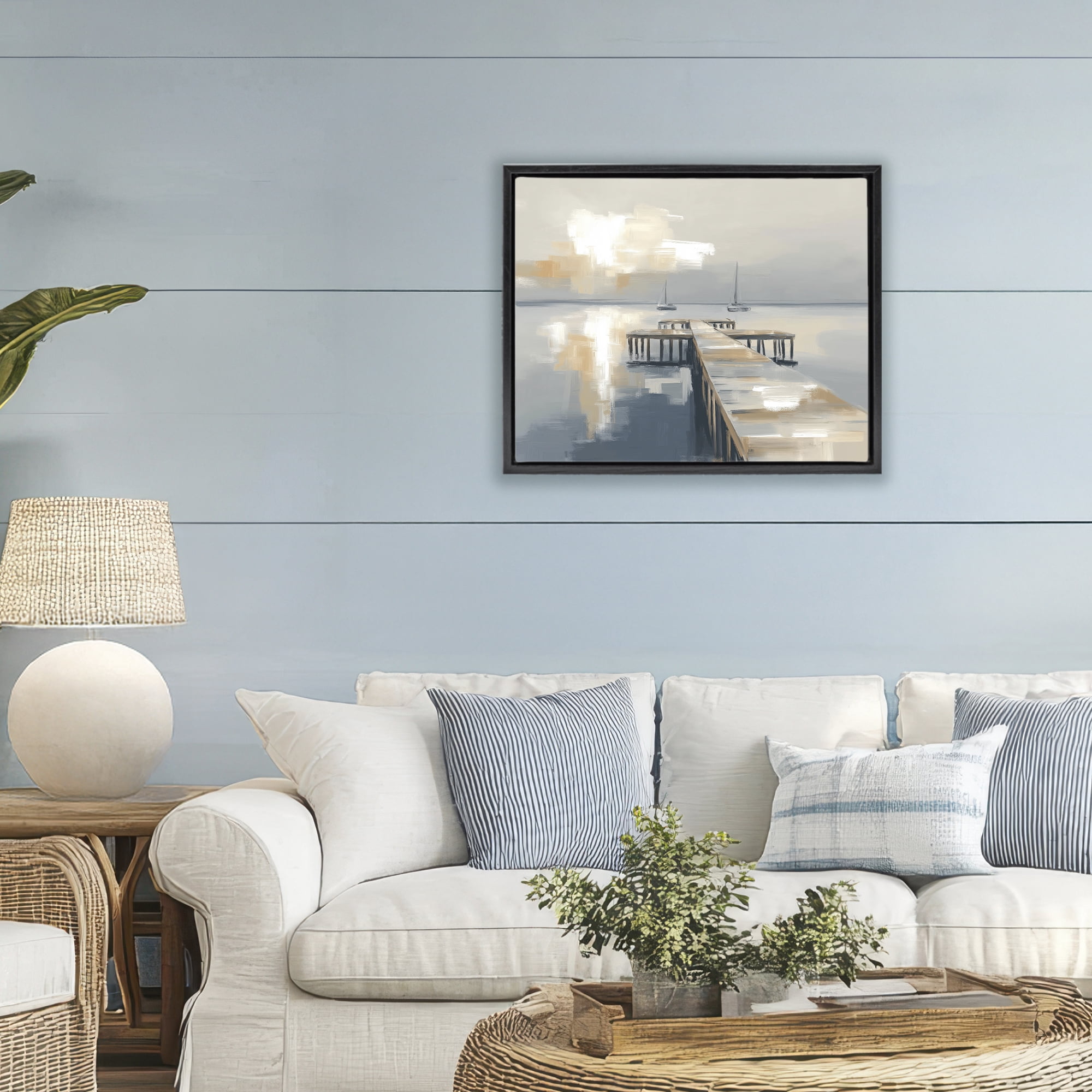Stupell Industries Pier with Two Boats Seascape Black Framed Floater Canvas Wall Art, design by Kim Curinga