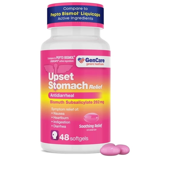 GenCare Upset Stomach Relief – 48 Softgels – Bismuth Subsalicylate 262 mg Antidiarrheal Medication – Acid Reflux Medicine for Nausea, Heartburn & Indigestion Relief – Generic for Pepte Bismol Tablets