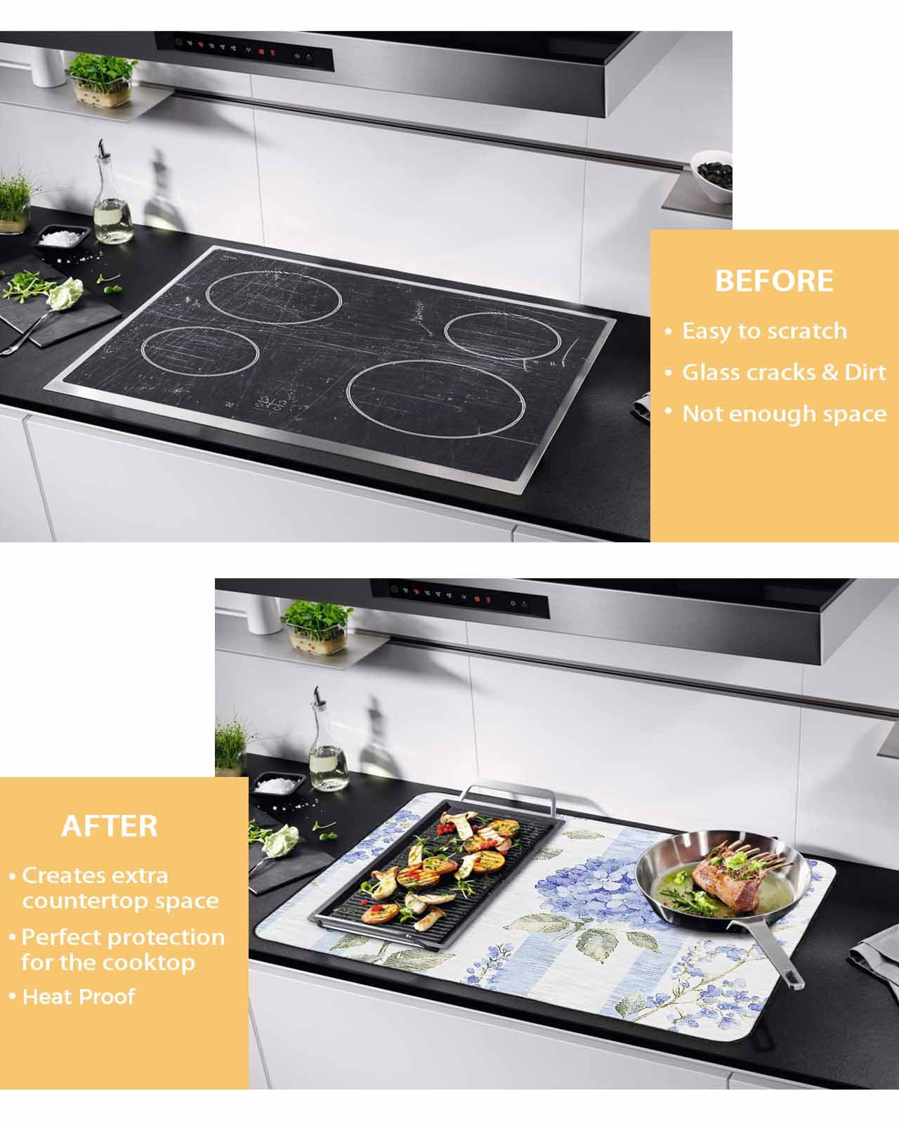 nqOlkjepod Large Induction Cooktop Protector Mat 24"x21", Purple Hydrangea Stove Top Covers for Electric Stove, Stripe Vintage Floral Decorative Stove Burner Cover Mats, Glass Top Stove Cover