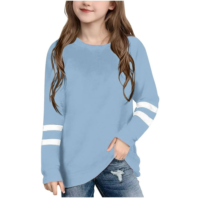 Chemises Surdimensionnées pour Filles Col Rond Basique Chandail Confort Manches Longues Tee Rayé 3-14 Ans