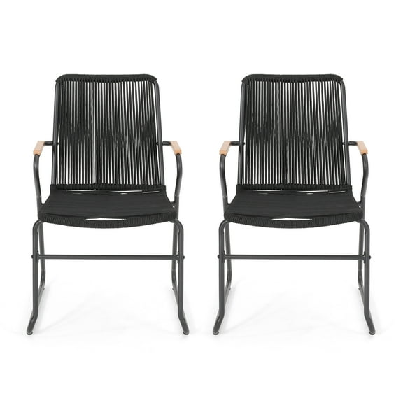 GDF Studio Miriam Outdoor Rope Weave Club Chairs, Set of 2, Black and Natural