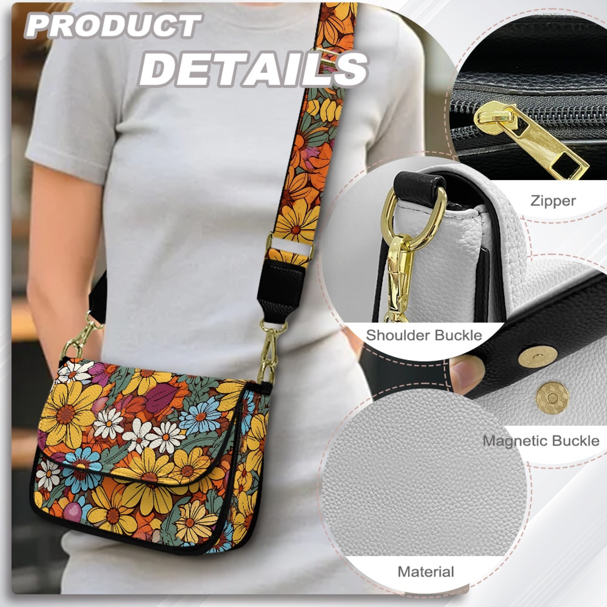TSOVTHRID Colorful Daisy Print Crossbody Bags for Women Trendy Crossover Shoulder Bag PU Leather Shoulder Handbags Purses for Women with Adjustable Wide Strap